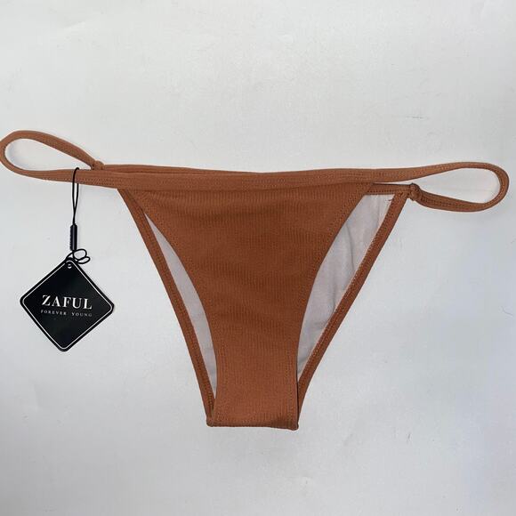 NWT Zaful Tan Brown Ribbed String Bikini Swim Bathing Suit Bottom Women's Large - Picture 1 of 6